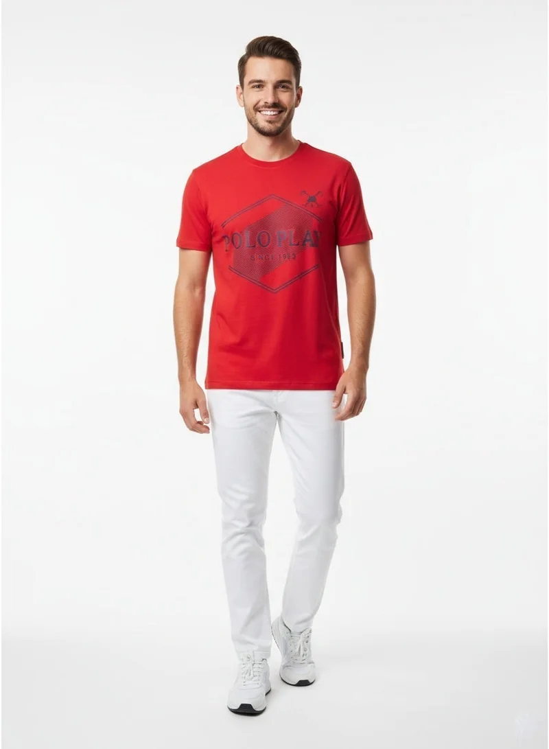 لعب البولو تيشيرت رجالي مطبوع - أحمر